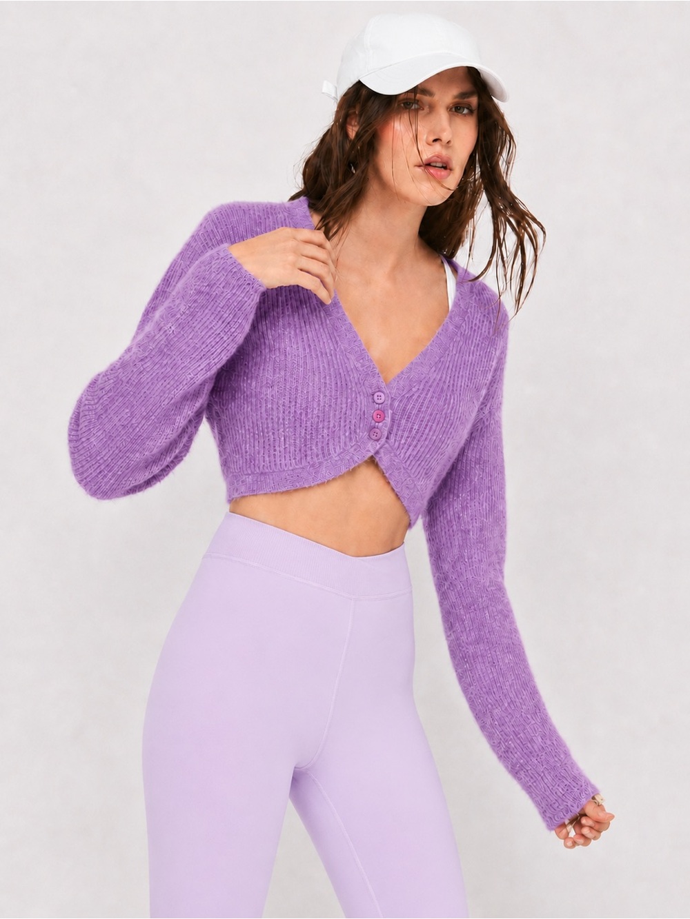 For Love And Lemons Purple Cropped V-Neck Button Cardigan